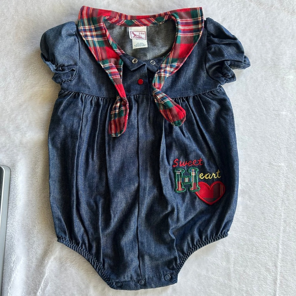 Buster Brown Baby Denim Bubble Romper Plaid Sailor Collar Sweet Heart 3-6M USA